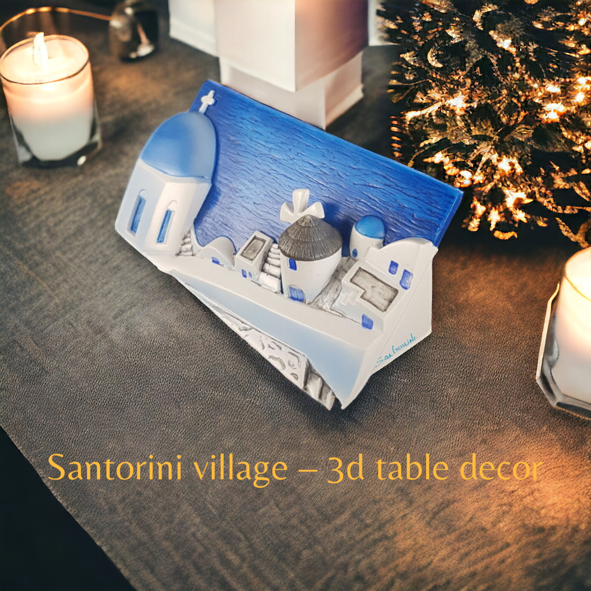 3D Santorini village table decor with candles
