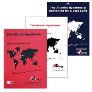 Three Atlantis Hypothesis conference book covers with world maps