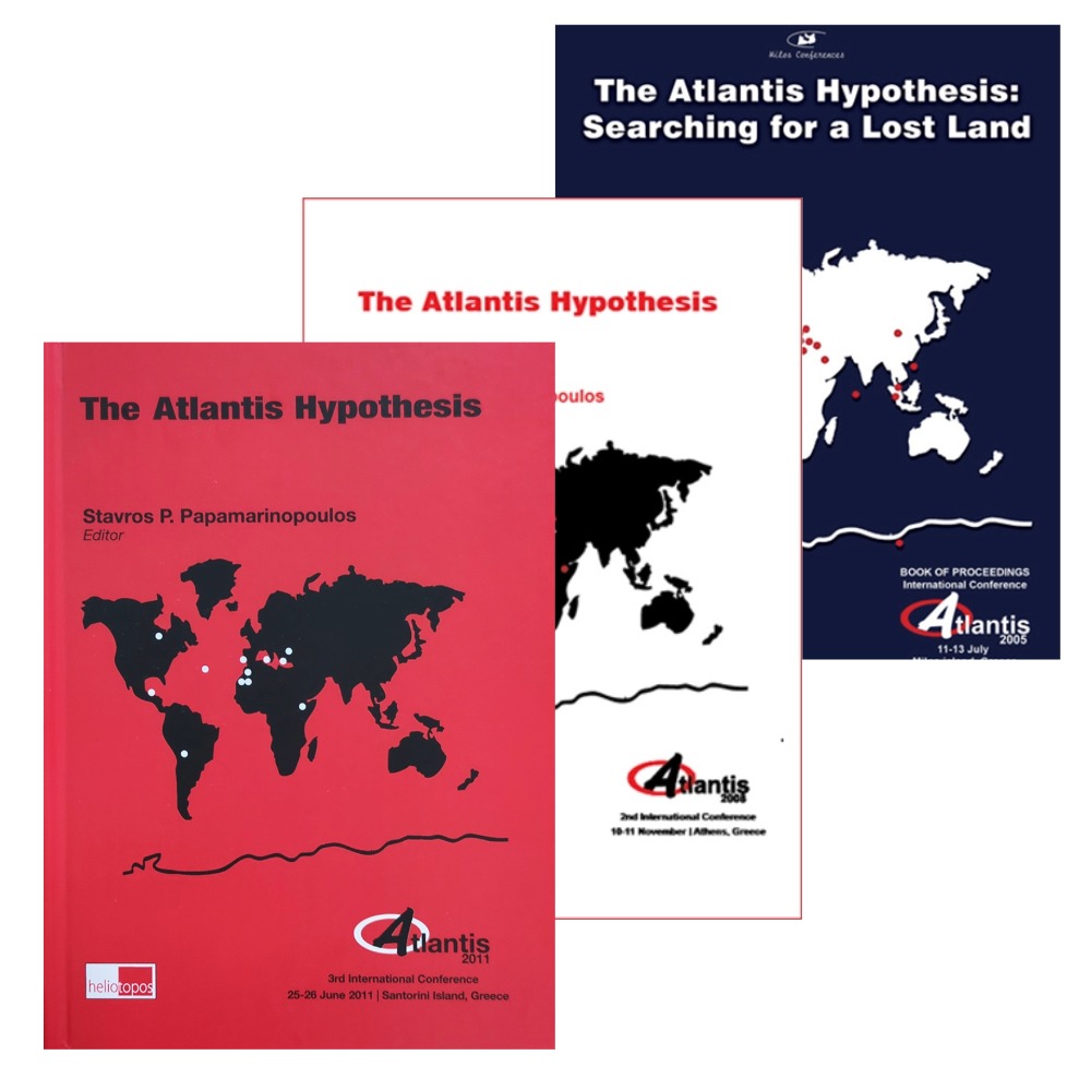 Three Atlantis Hypothesis conference book covers with world maps