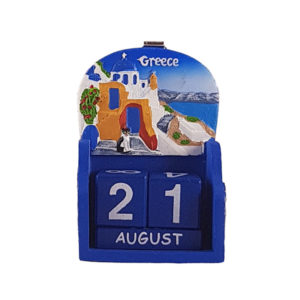 Greece-themed perpetual calendar showing August 21