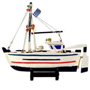 Decorative wooden fishing boat model with Greek flag