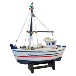 Handcrafted white and blue fishing boat model