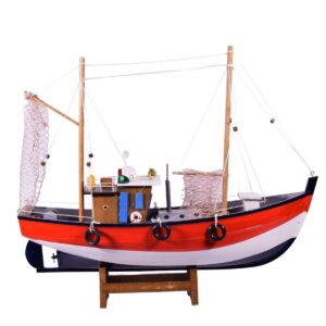 Model fishing boat with nets on stand
