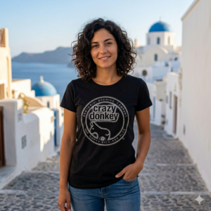 Alternative view of Crazy Donkey logo, longer back, women's t-shirt, black