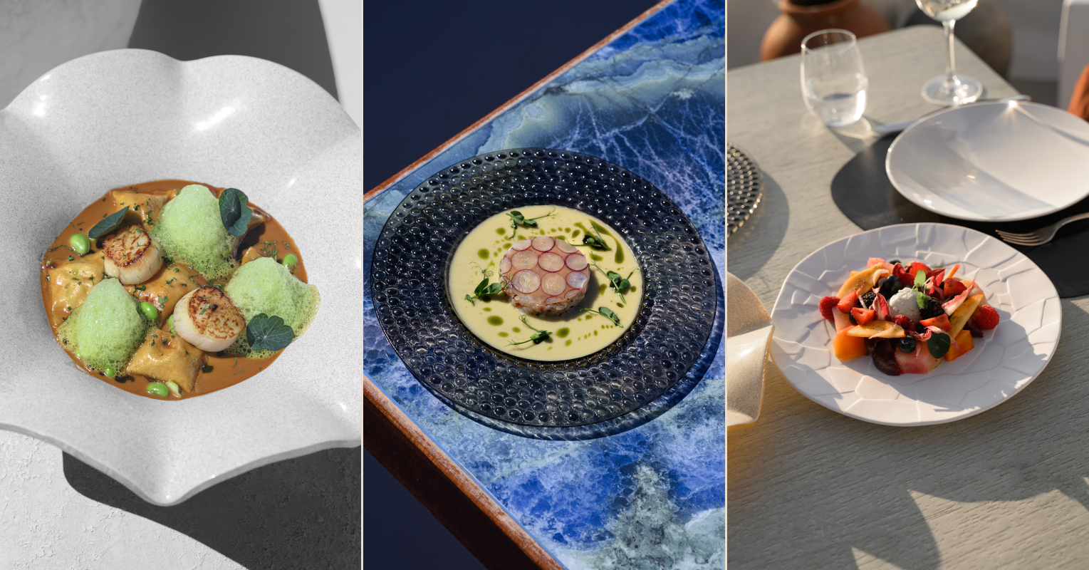 Three elegant gourmet dishes plated in sunlight