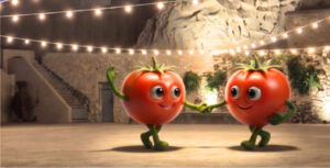 Two animated tomatoes dancing under string lights