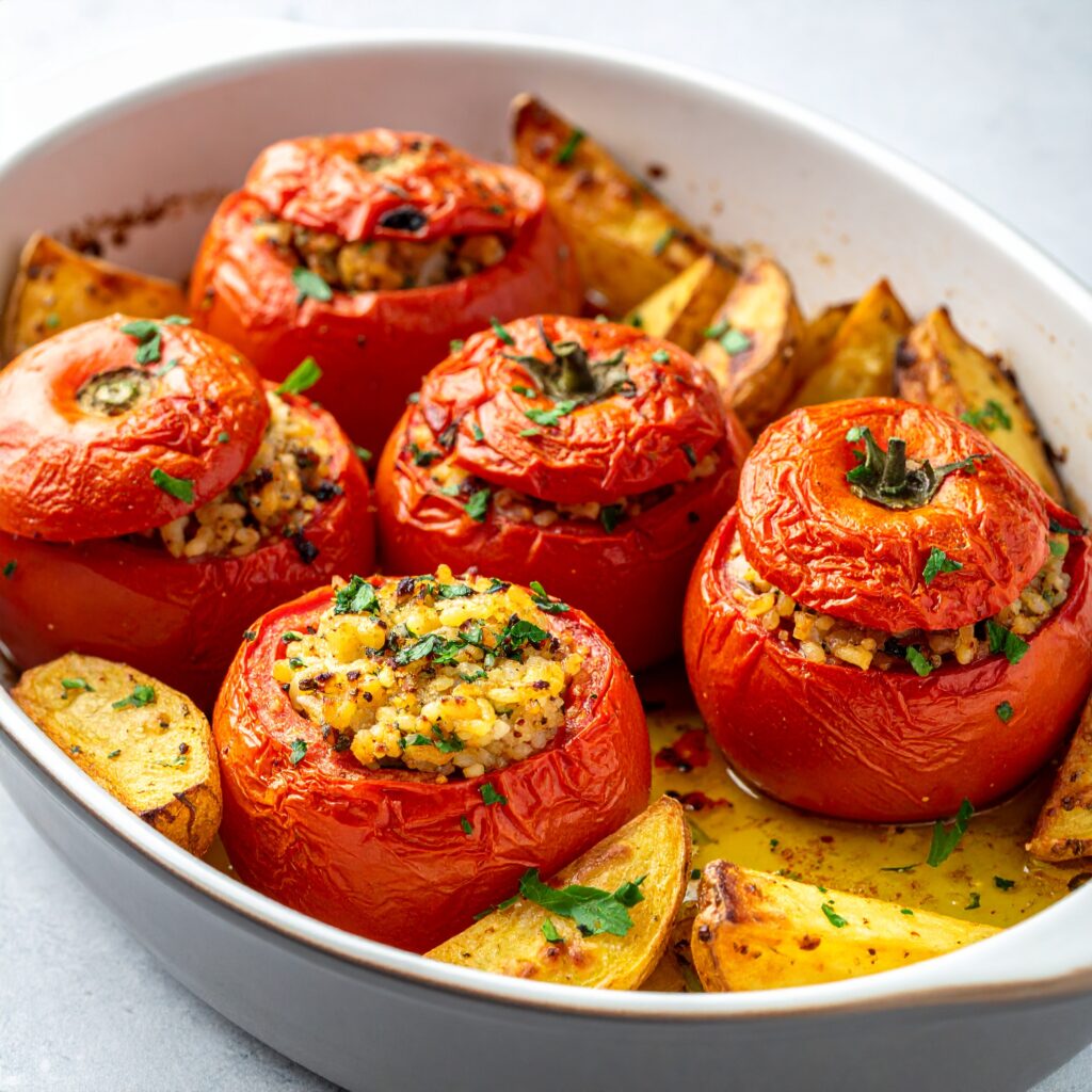 Baked rice-stuffed tomatoes with roasted potato wedges