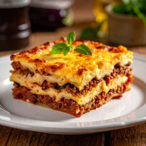 Layered traditional moussaka slice garnished with fresh basil