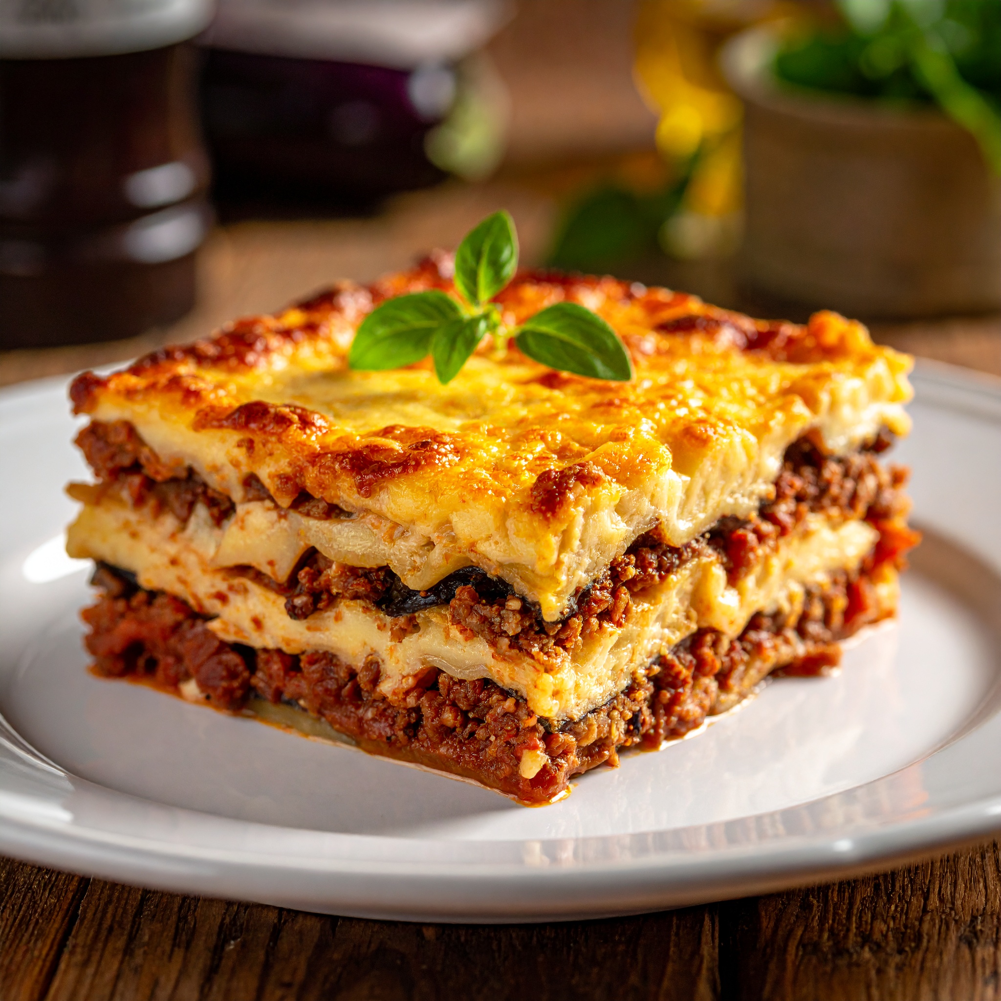 Layered traditional moussaka slice garnished with fresh basil