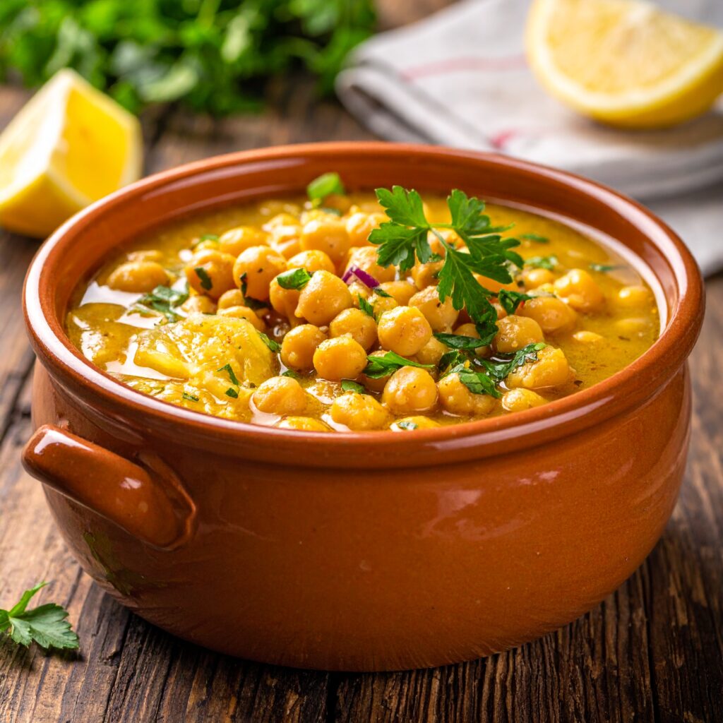 Clay pot baked chickpeas garnished with parsley and lemon wedges