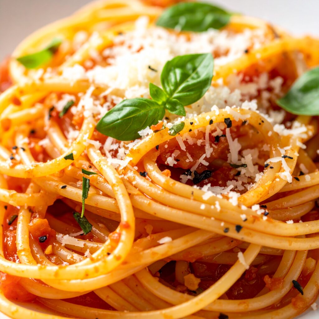 Garlic pasta (skordomakarona) with tomato sauce, Parmesan, basil, and black pepper