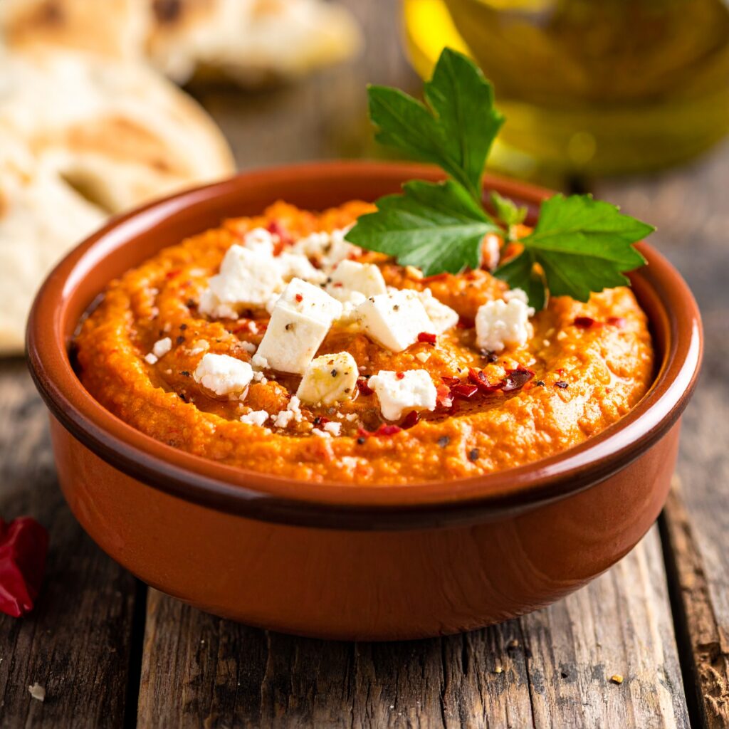 Roasted spicy Greek Feta dip (tirokafteri) topped with feta and parsley