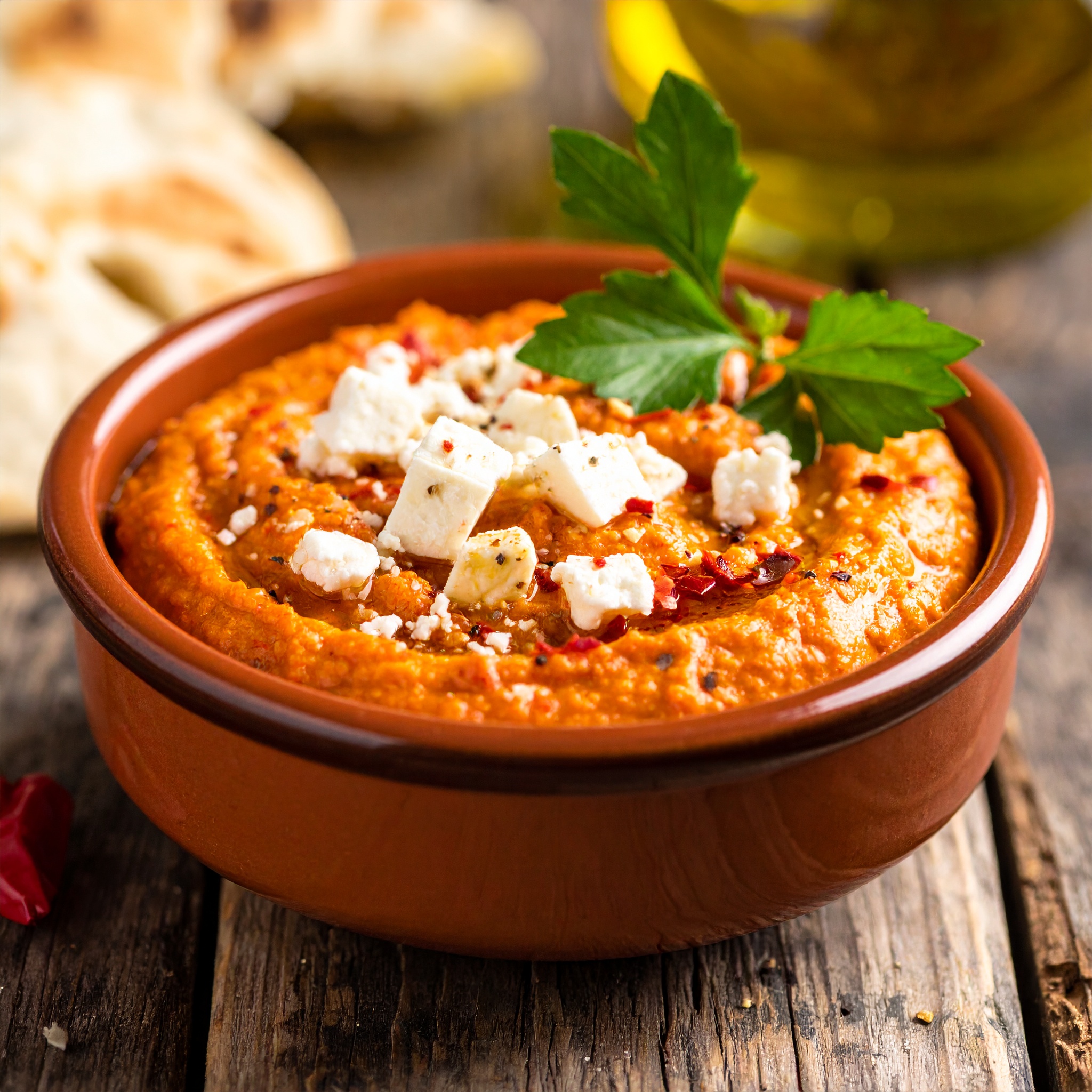 Roasted spicy Greek Feta dip (tirokafteri) topped with feta and parsley
