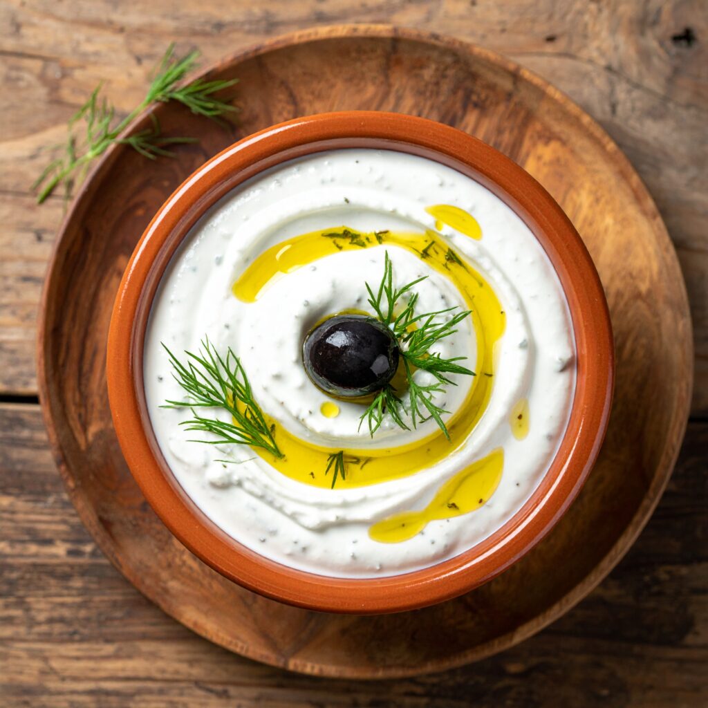 Creamy tzatziki dip with olive oil, dill, and black olive