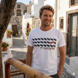 Man in graphic T-shirt in Mediterranean village