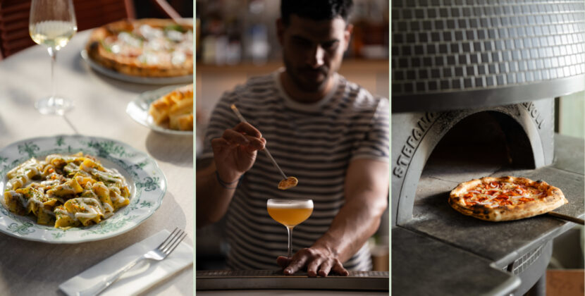 Pasta dish, crafted cocktail, and pizza in oven