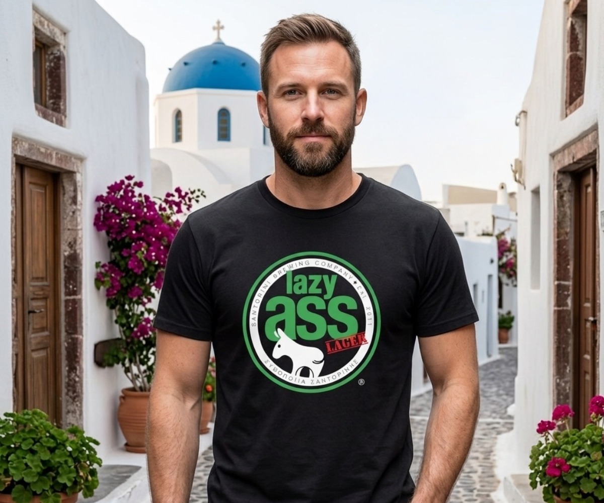 Man wearing Lazy Ass Lager T-shirt outdoors