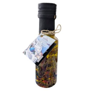 Herb-infused olive oil bottle with hanging tag
