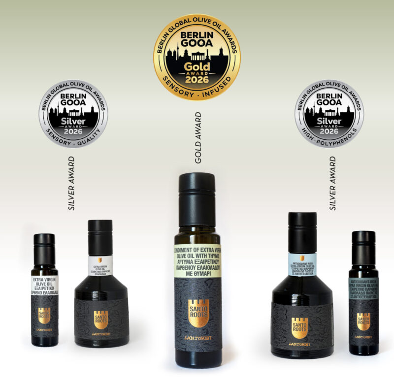 Santo Roots olive oil award-winning bottles