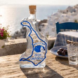 Ouzo bottle shaped like Santorini on table