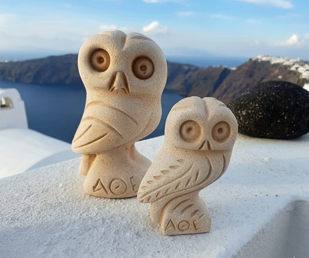 Two stone owl figurines overlooking seaside cliffs