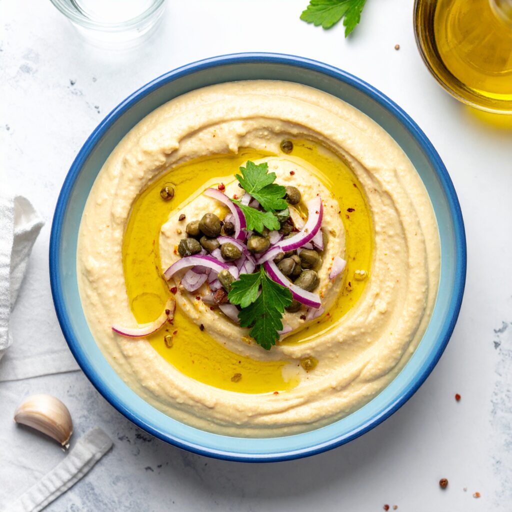 Creamy Santorinian Fava topped with capers, red onion, parsley, and olive oil