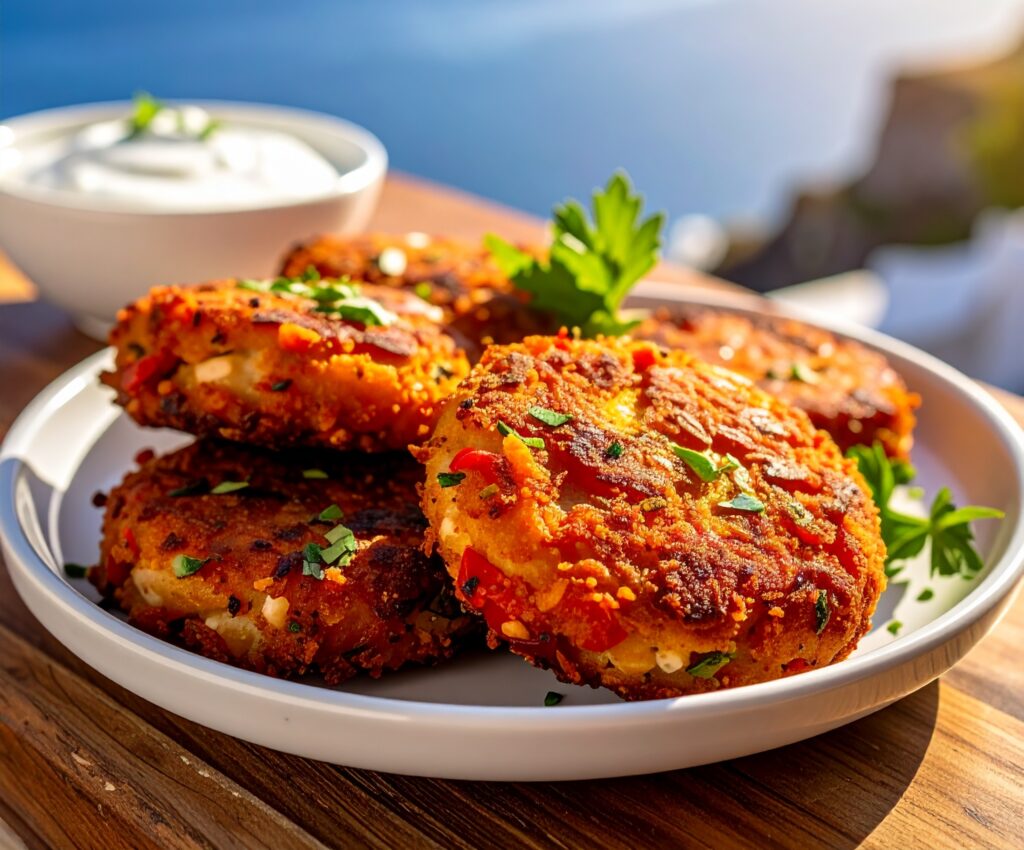 Crispy tomato fritters garnished with parsley and creamy dip