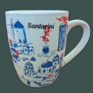 Santorini-themed ceramic mug with blue Greek design