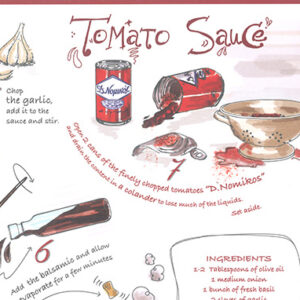 Illustrated tomato sauce recipe with ingredients and steps