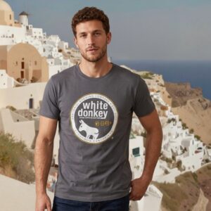Man wearing graphic T-shirt in Santorini